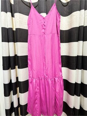 ASOS Hot Pink Satin Maxi Slip Dress with Button Front